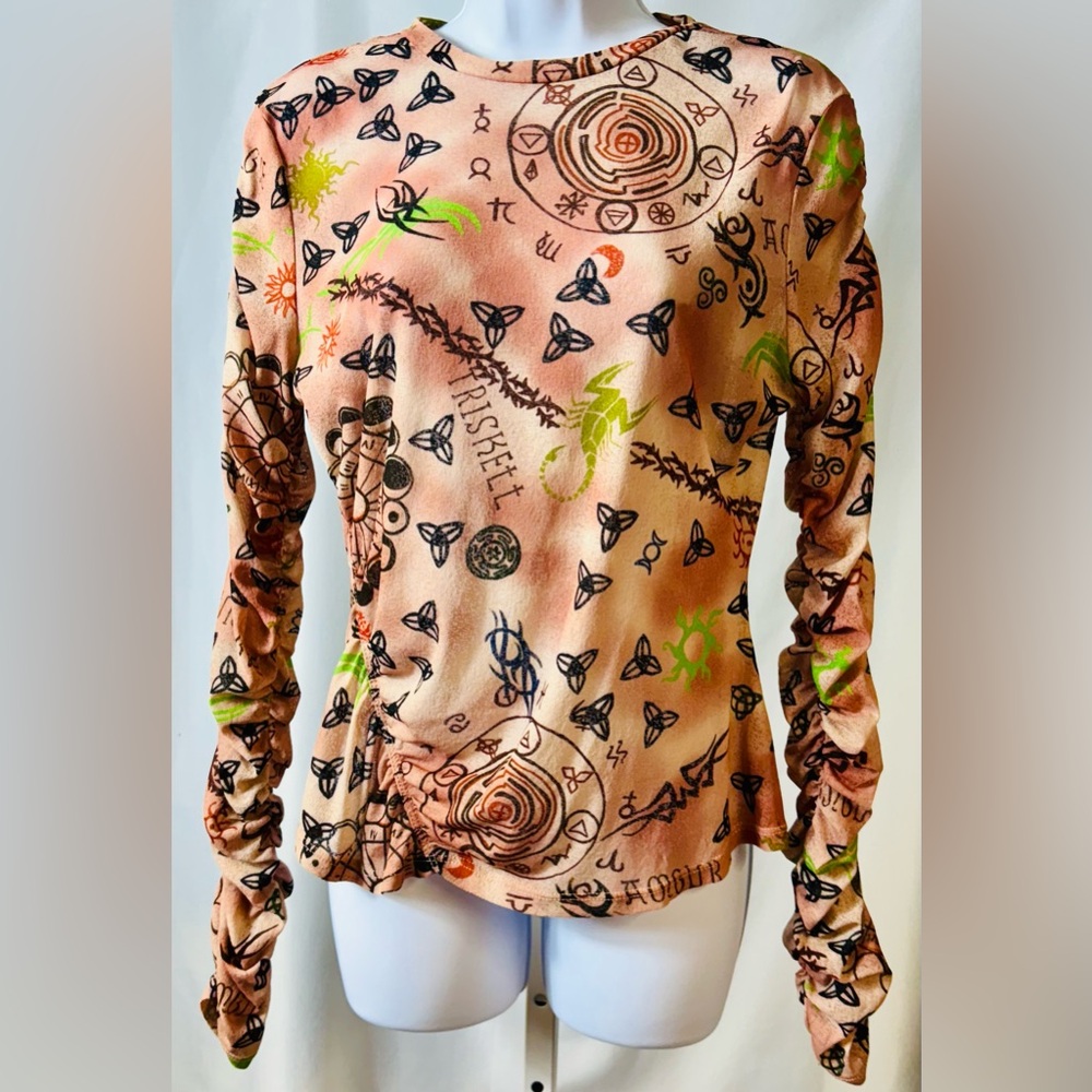 TopShop Peach, Black & Brown Stretch Mythical‎ Print Ruched Sleeve Top Petite 12